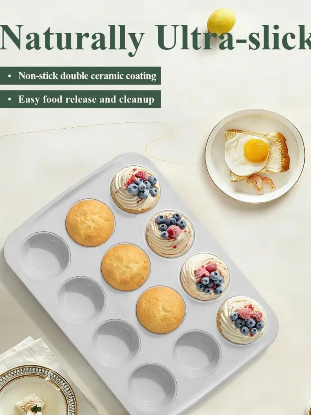Nonstick Ceramic Muffin Pan - 12 Cup Cupcake Tin, Oven Safe, Non-Toxic, Pink